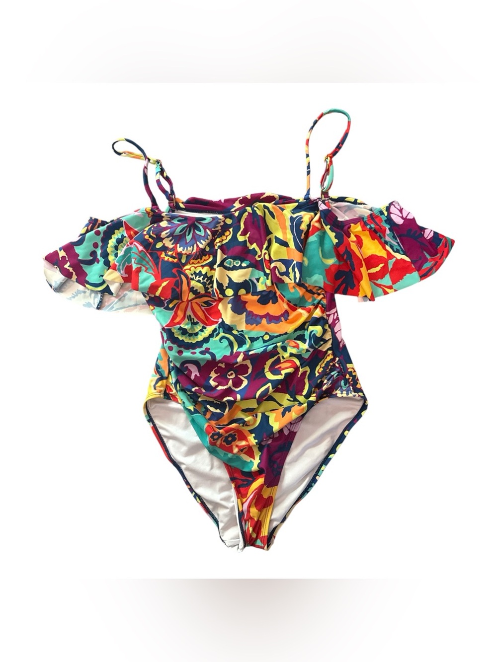 Tahari Womens Large Multicolor Floral Ruffle One-Piece Swimsuit Off-The-Shoulder